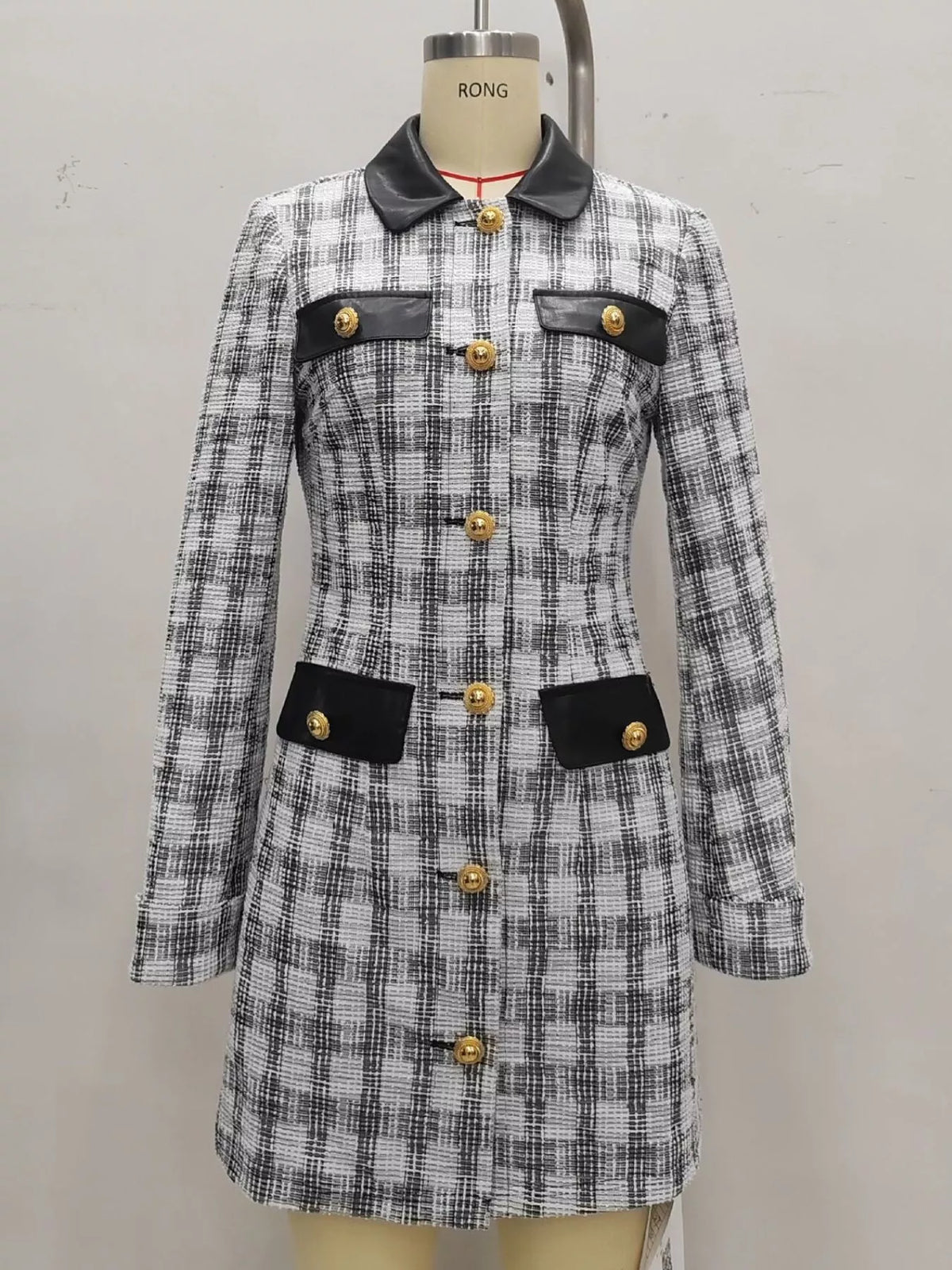 Long Sleeve Plaid Tweed Button-Down Mini Dress