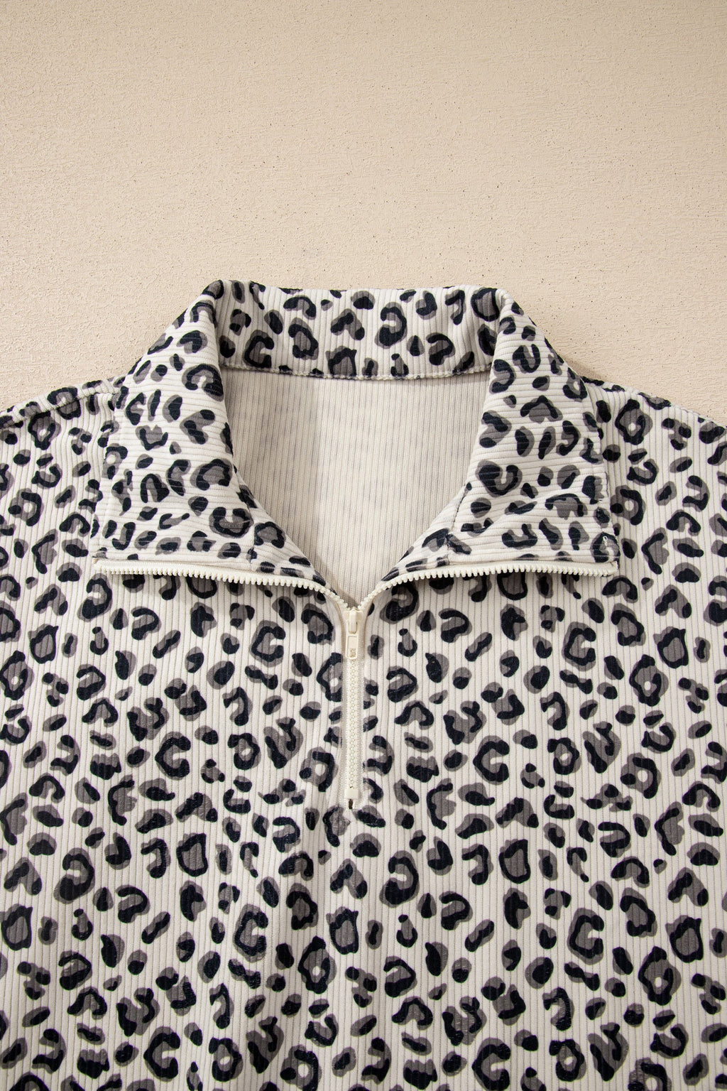 Beige Leopard Print Quarter Zip Corduroy Sweatshirt