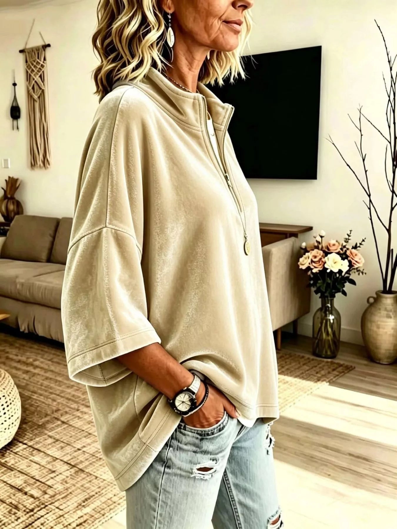 Full Size Velvet Quarter-Zip Sweatshirt Plus Size