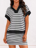 Casual Striped Polo Collar Top and Skirt Two-Piece Set