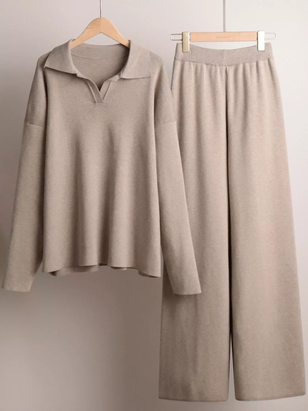 Polo Collar Top and Wide-Leg Pants Set