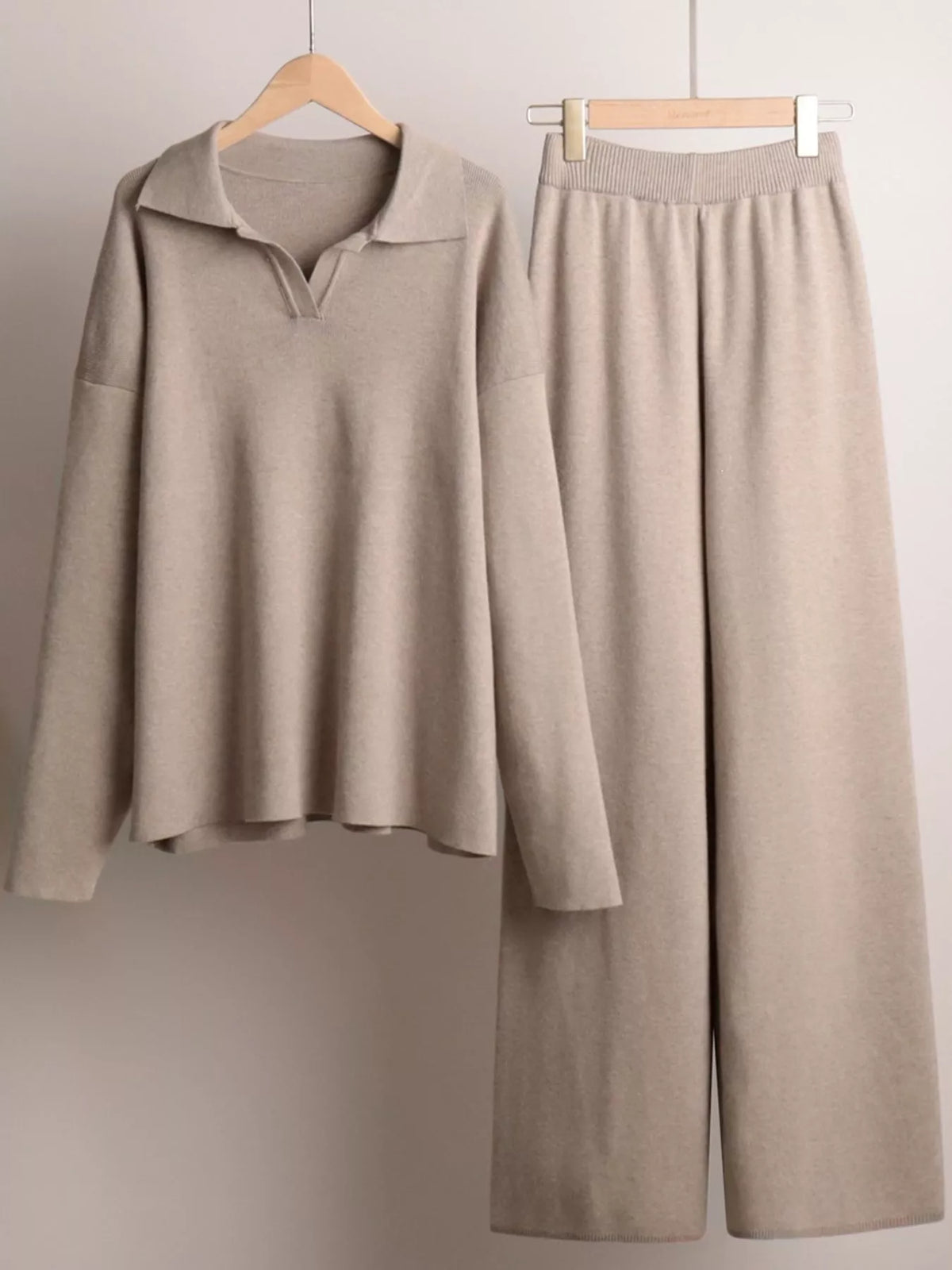Polo Collar Top and Wide-Leg Pants Set
