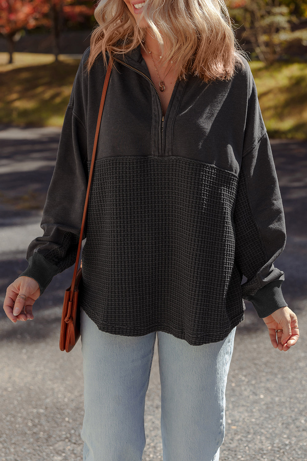 Waffle Knit Patchwork Half-Zip Sweatshirt