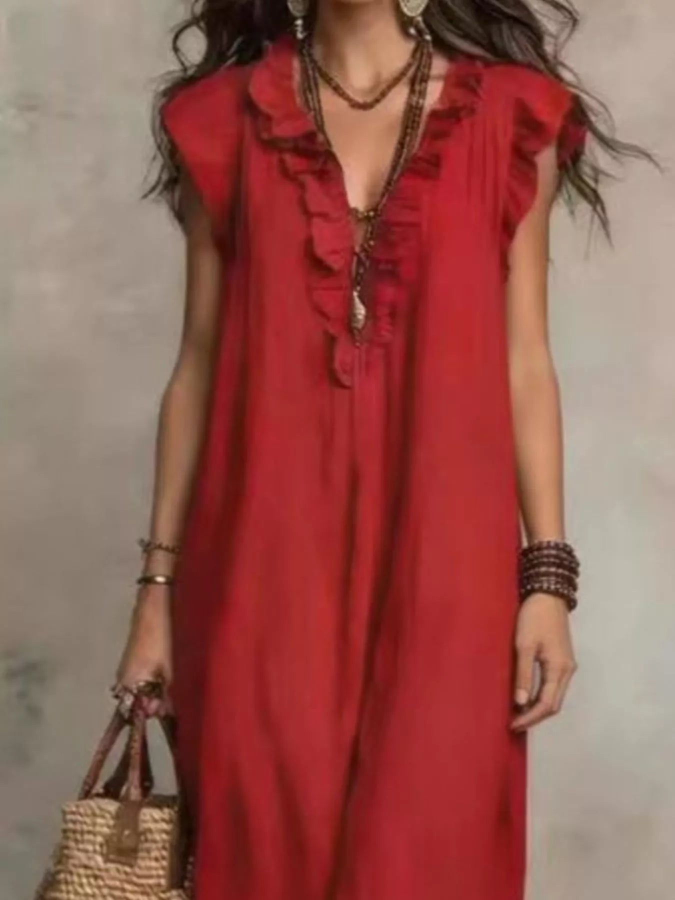 Full Size Bohemian Ruffle Neck Maxi Dress Plus Size