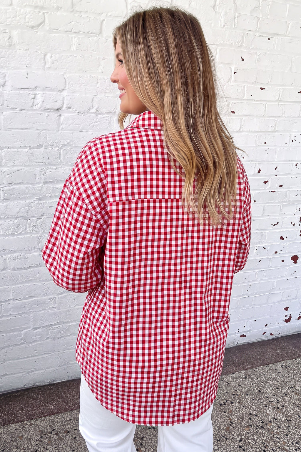 Red Plaid V Neck Long Sleeve Tunic Loose Fit Plus Size Shirt