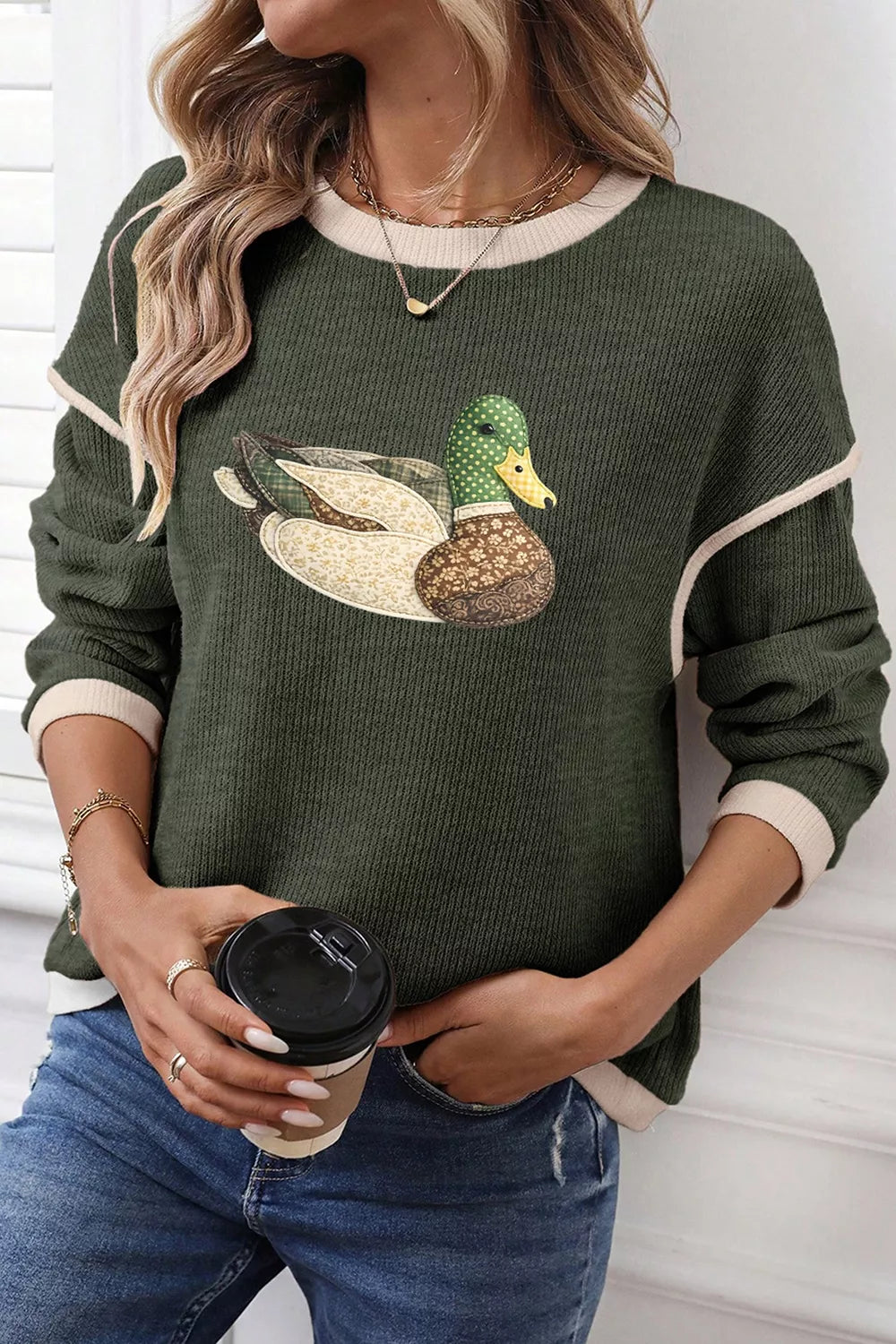 Duck Graphic Contrast Trim Patchwork Casual Knit Top