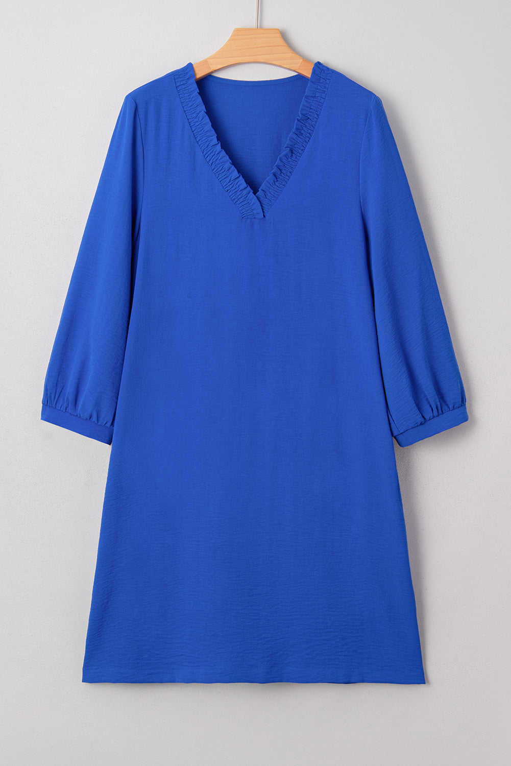 Solid Frilled V-Neck 3/4 Sleeve Mini Dress