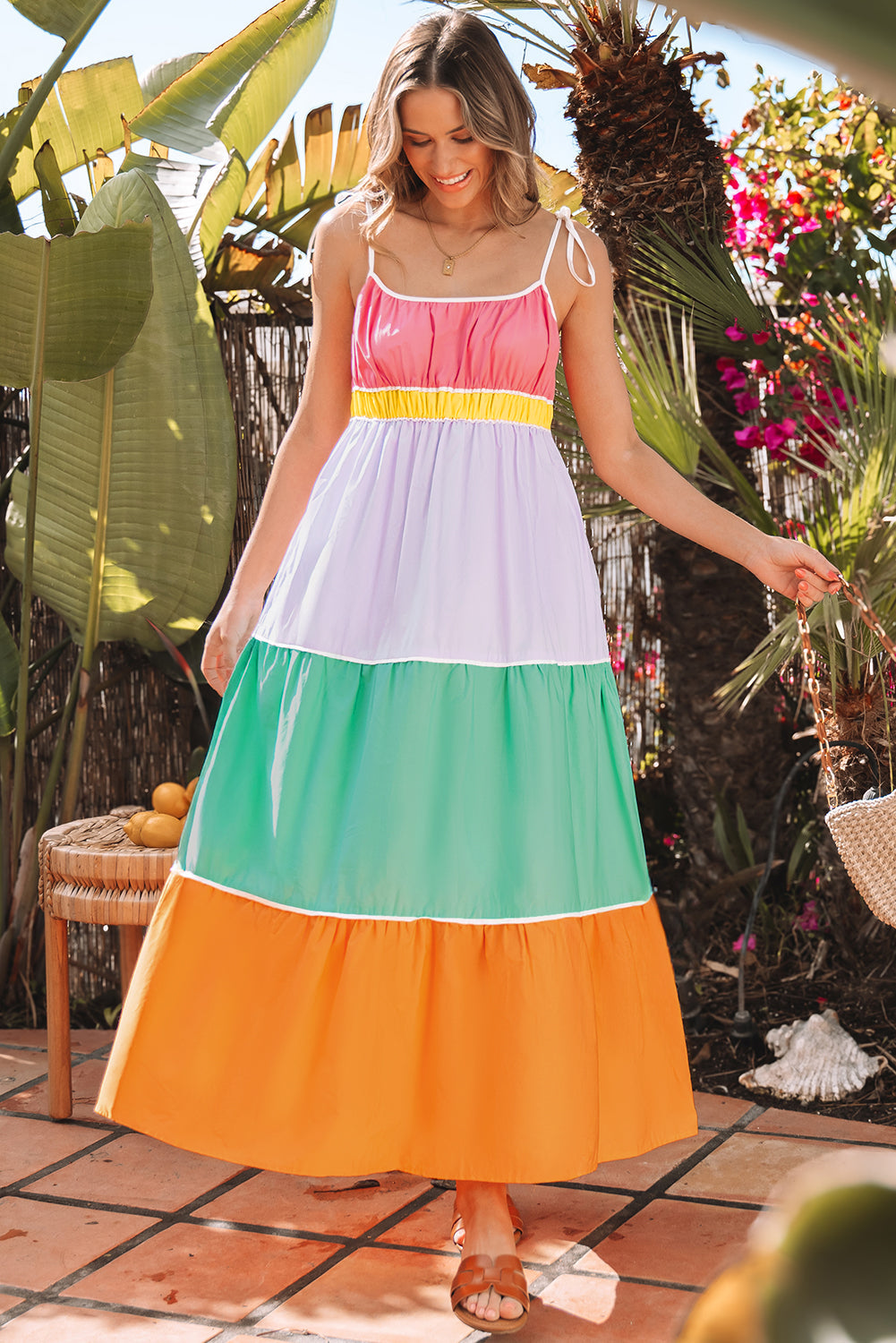 Colorblock Self-Tie Straps Pocketed Flowy Maxi Dress