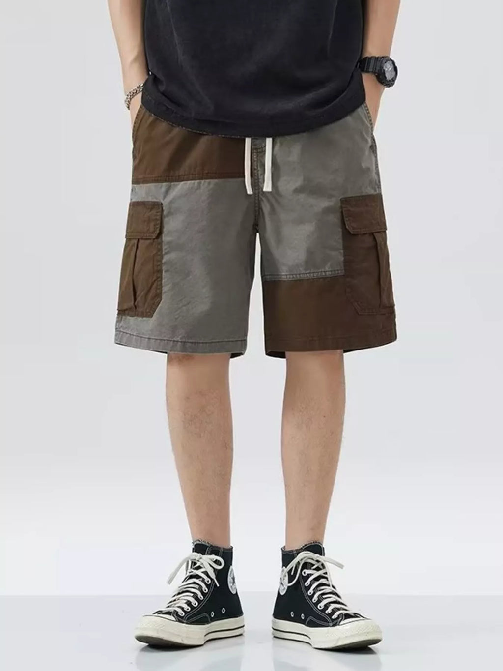 Men's Plus Size Two-Tone Cargo Shorts with Drawstring