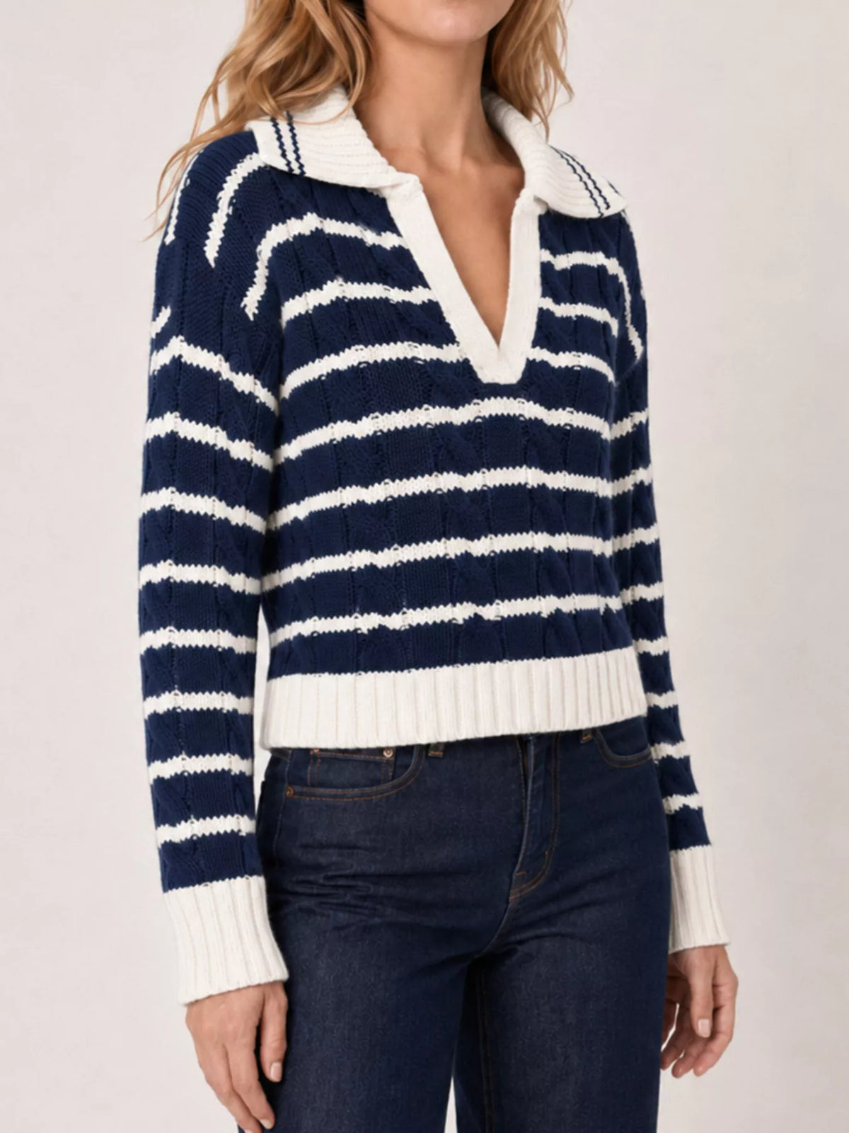 Striped Johnny Collar Dropped Shoulder Sweater