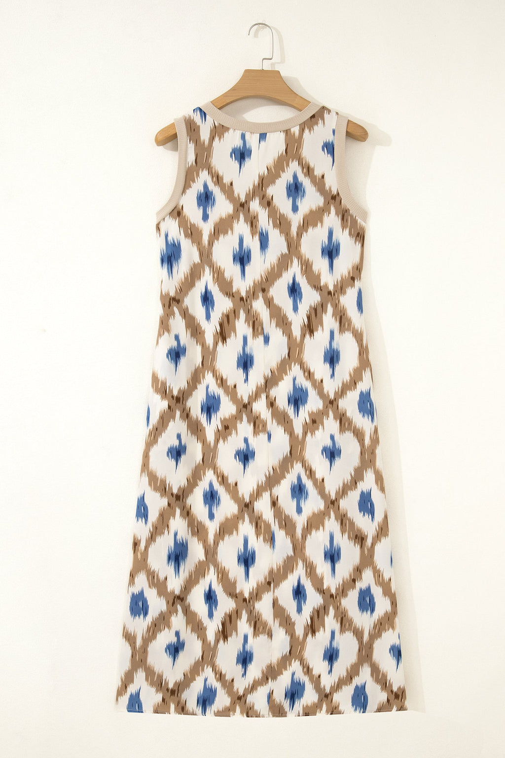 Khaki Boho Abstract Print V Neck Sleeveless Long Dress