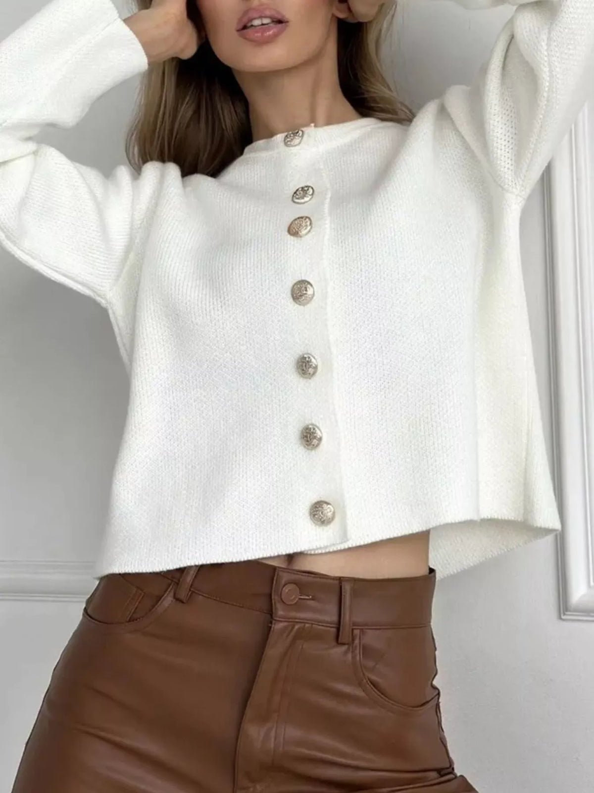 Crew-Neck Button Down Cardigan