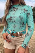Mesh Long Sleeve T-Shirt with Cowboy and Cactus Print