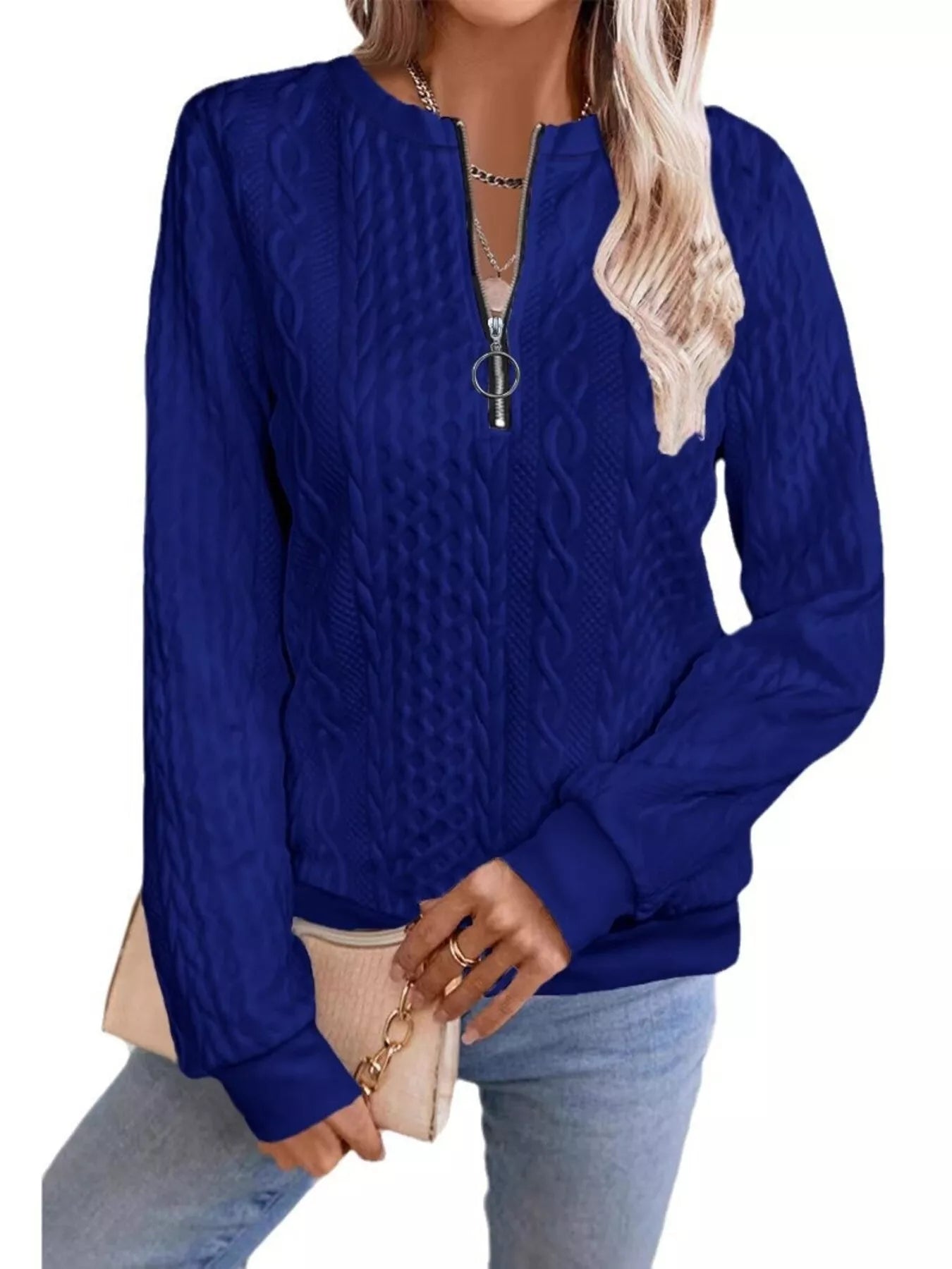 Chic Cable Texture Quarter-Zip Sweatshirt
