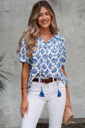 Sky Blue Geometric Print Tassel Drawstring V Neck Blouse