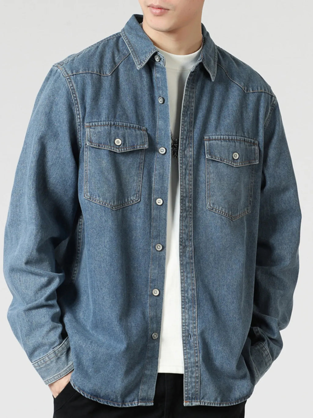 Men's Plus Size Washed Button Down Denim Shirt