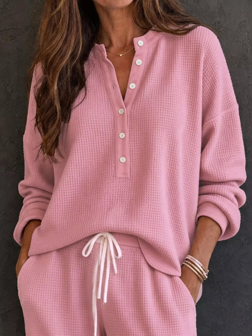 Waffle Knit Henley Top and Wide Leg Pants Set