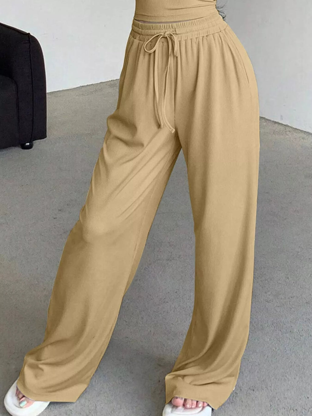 Solid Color Short Sleeve Crop Top and Wide Leg Pants Set