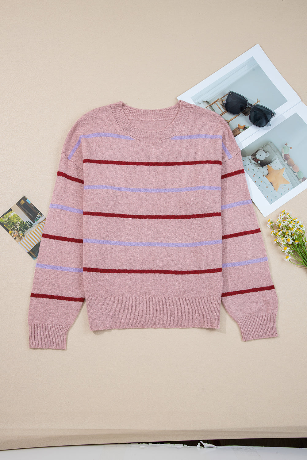 Stripe Ribbed Trim Drop Shoulder Sweater