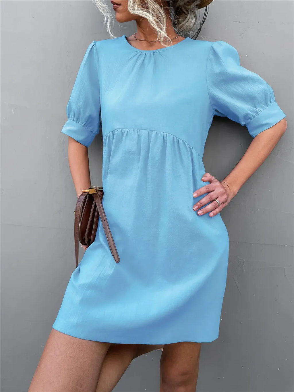 Round Neck Puff Sleeve Mini Dress