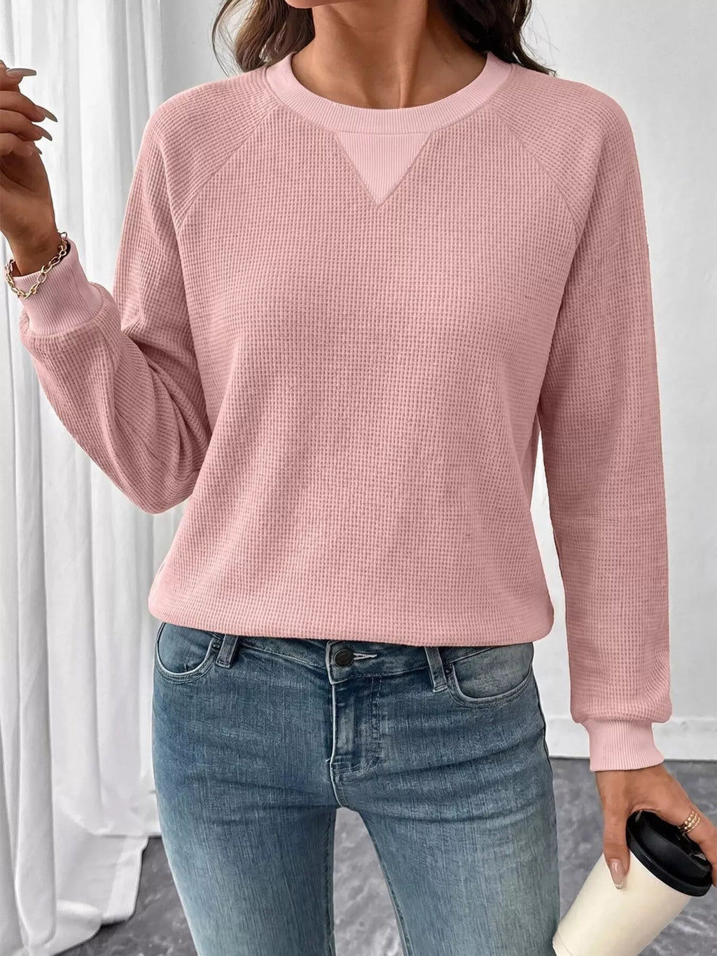 Waffle Knit Crew Neck Long Sleeve Sweatshirt