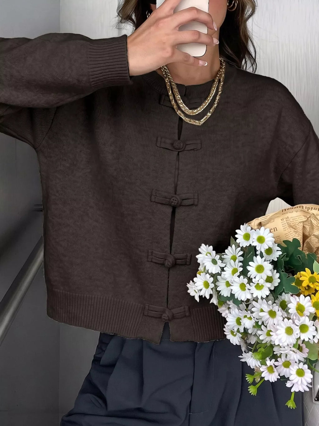 Chinese-Style Button Knit Cardigan