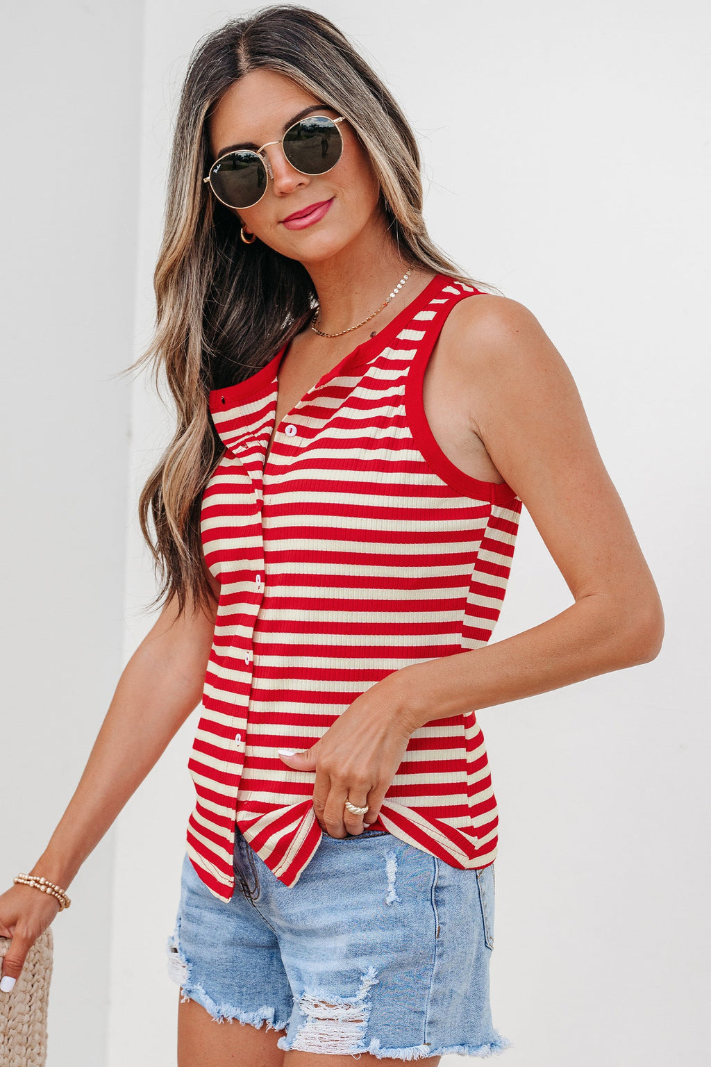 Red Stripe Buttoned Ribbed Knit Tank Top