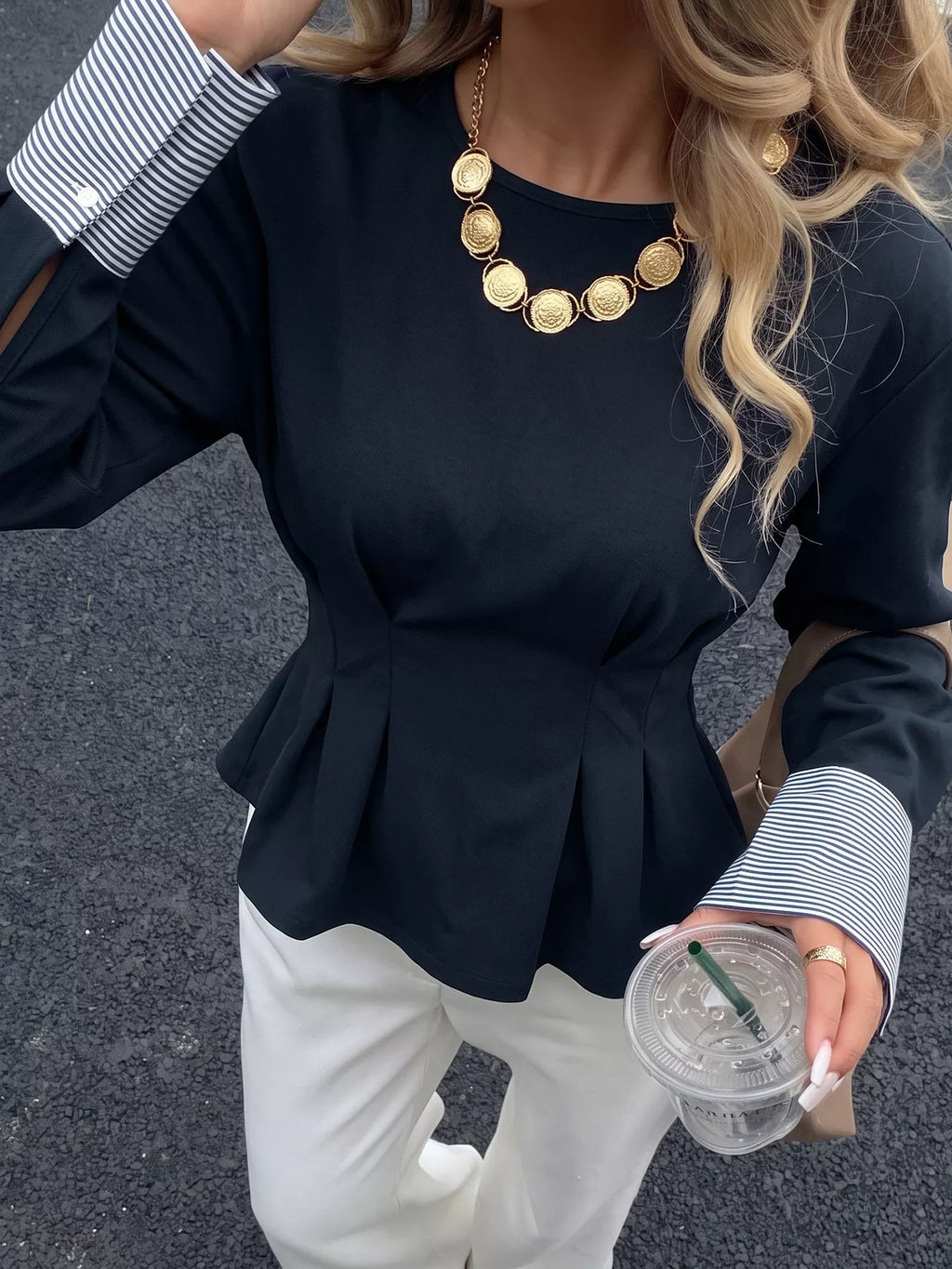 Round Neck Peplum Top with Striped Cuffs