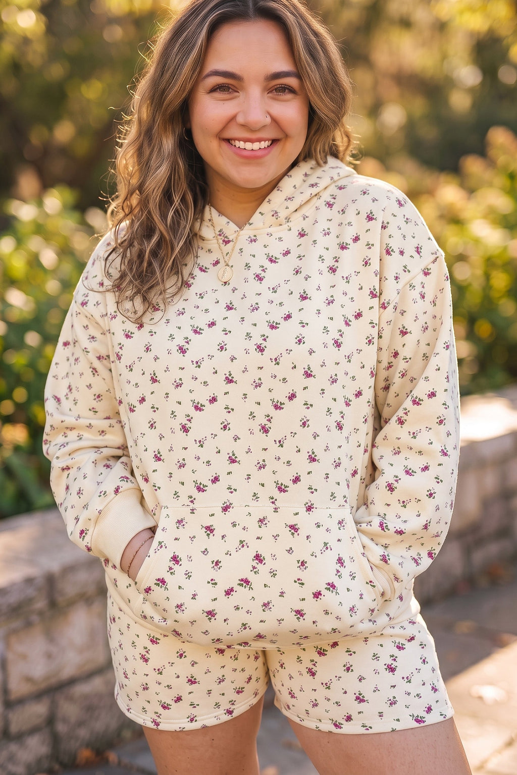 Beige Floral Print Hooded Long Sleeve Plus Size Set