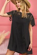 Crochet Lace Yoke Dress with Wrinkled Texture