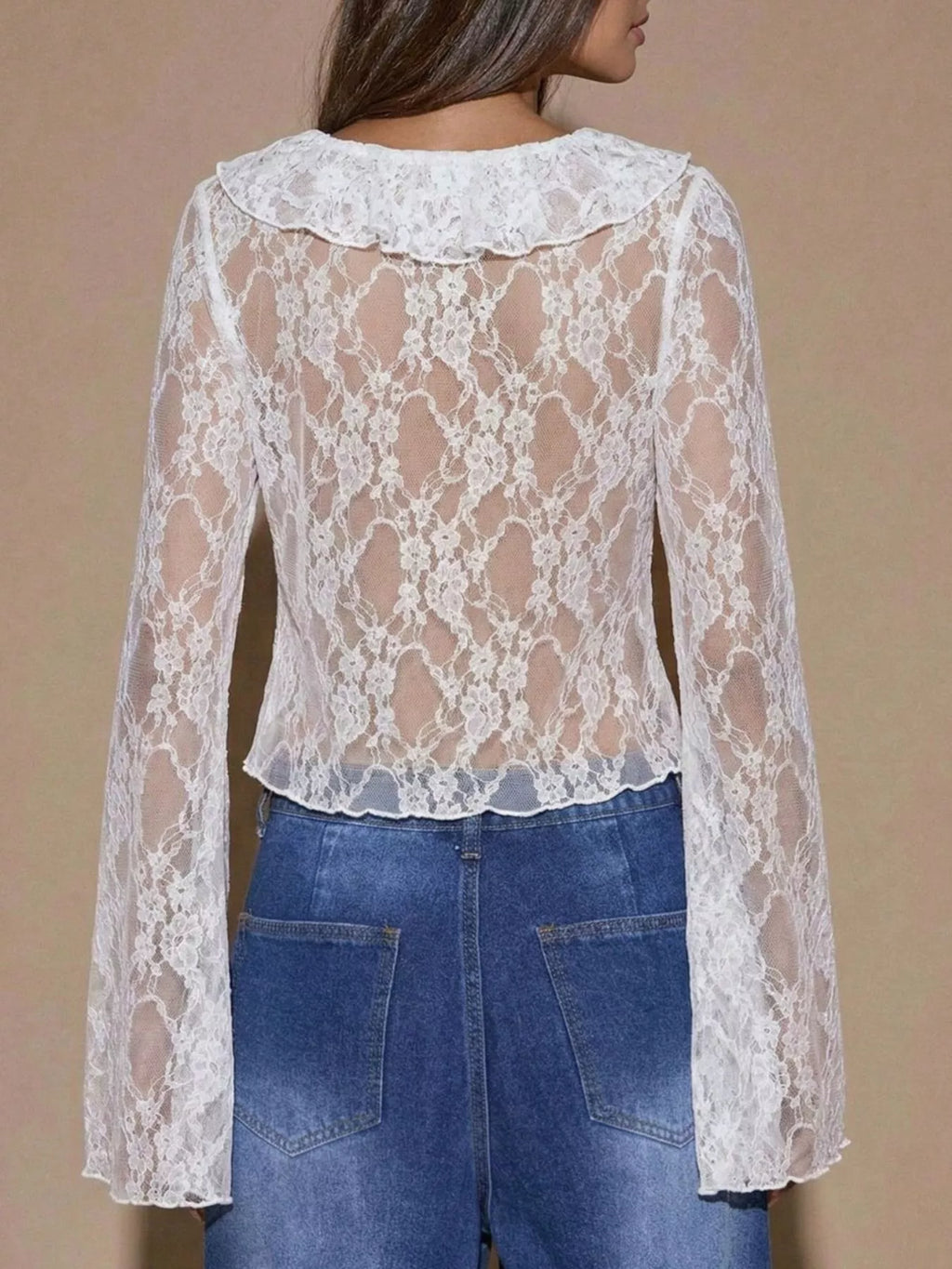 Sheer Lace Ruffle Tie-Front Blouse