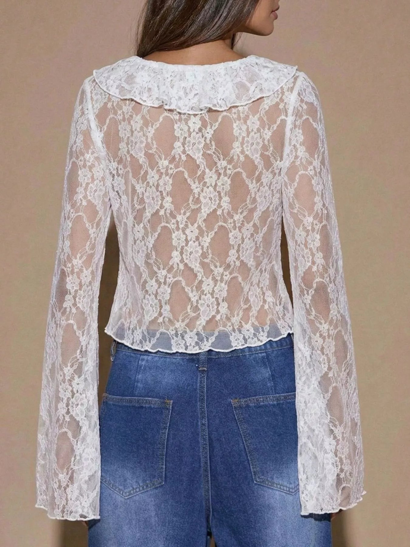 Sheer Lace Ruffle Tie-Front Blouse