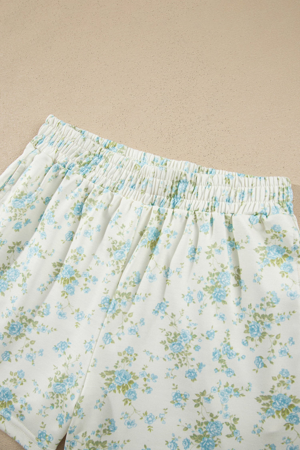 Sky Blue Floral Print Short Sleeve Elastic Waist Pocket Two Piece Set