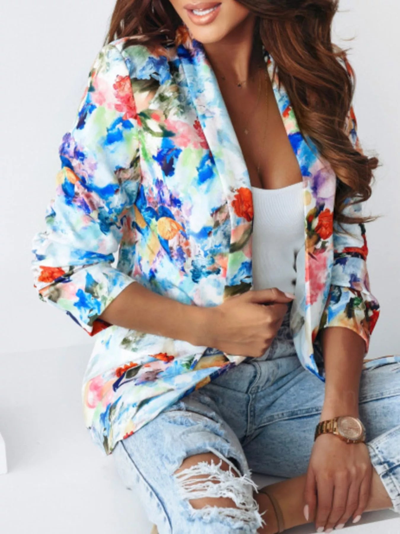 Vibrant Floral Print Open Front Blazer