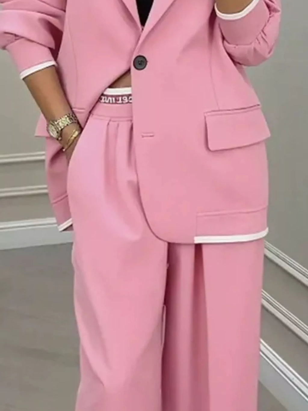 Full Size One Button Blazer and Wide-Leg Pants Set Plus Size