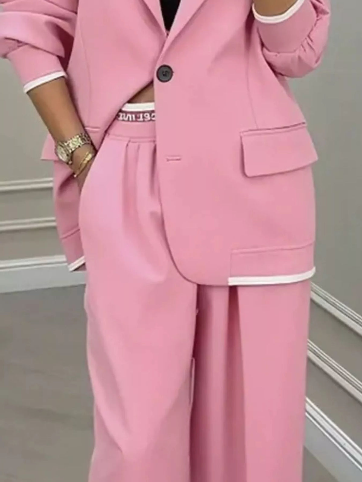Full Size One Button Blazer and Wide-Leg Pants Set Plus Size