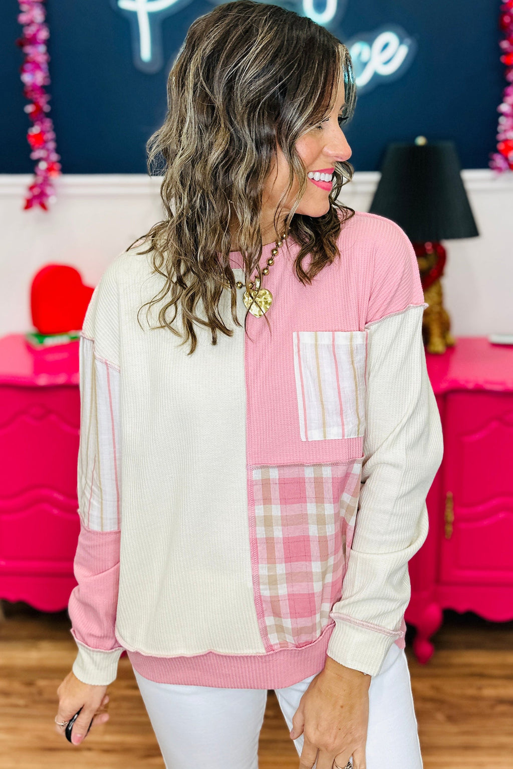 Pink Colorblock Plaid Panel Long Sleeve Plus Size Blouse