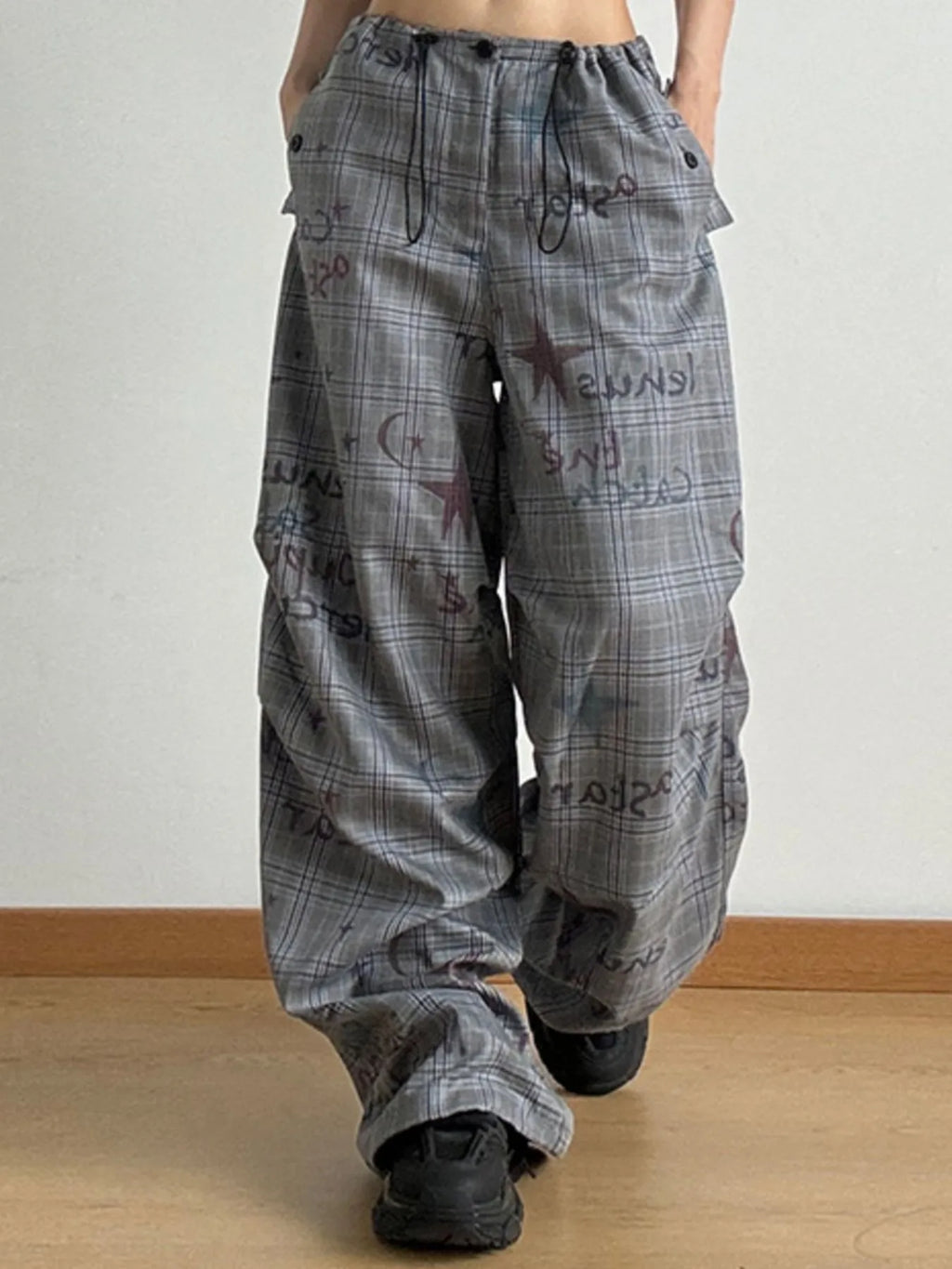 Drawstring Plaid Wide Leg Pants