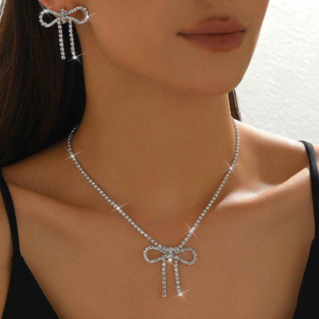 Women Bow Rhinestone Necklace And Earrings Set,Exaggerated Trendy Bridal Costume Accessories For Banquet Party Occasion