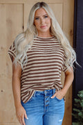 Brown Stripe Textured Side Slits Crew Neck T Shirt