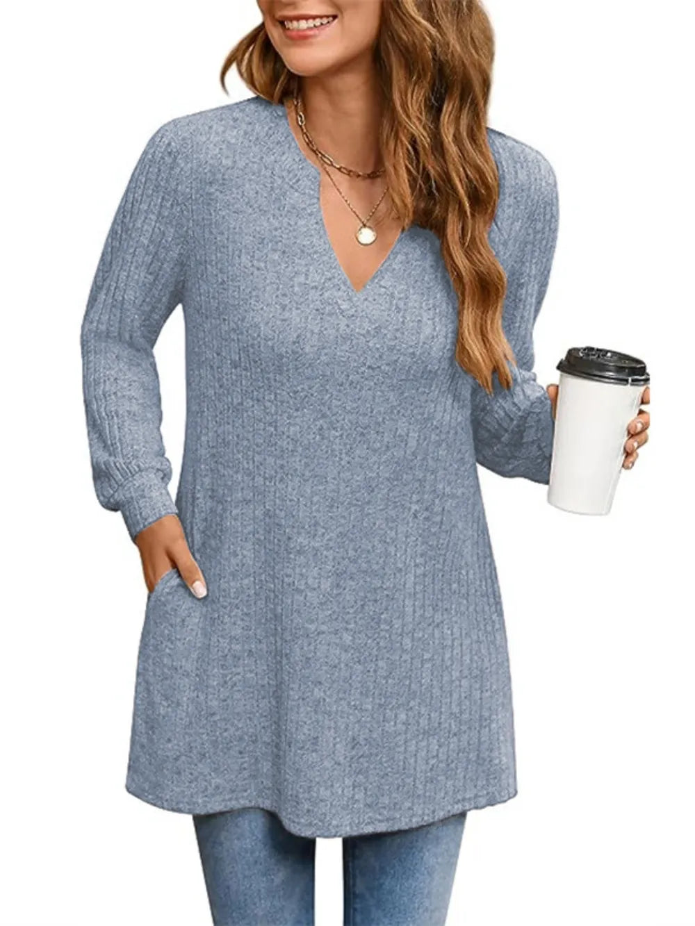 Ribbed Notched Long Sleeve T-Shirt