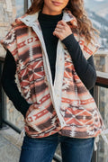 Geometric Print Fleece Metal Button Placket Shift Silhouette Vest
