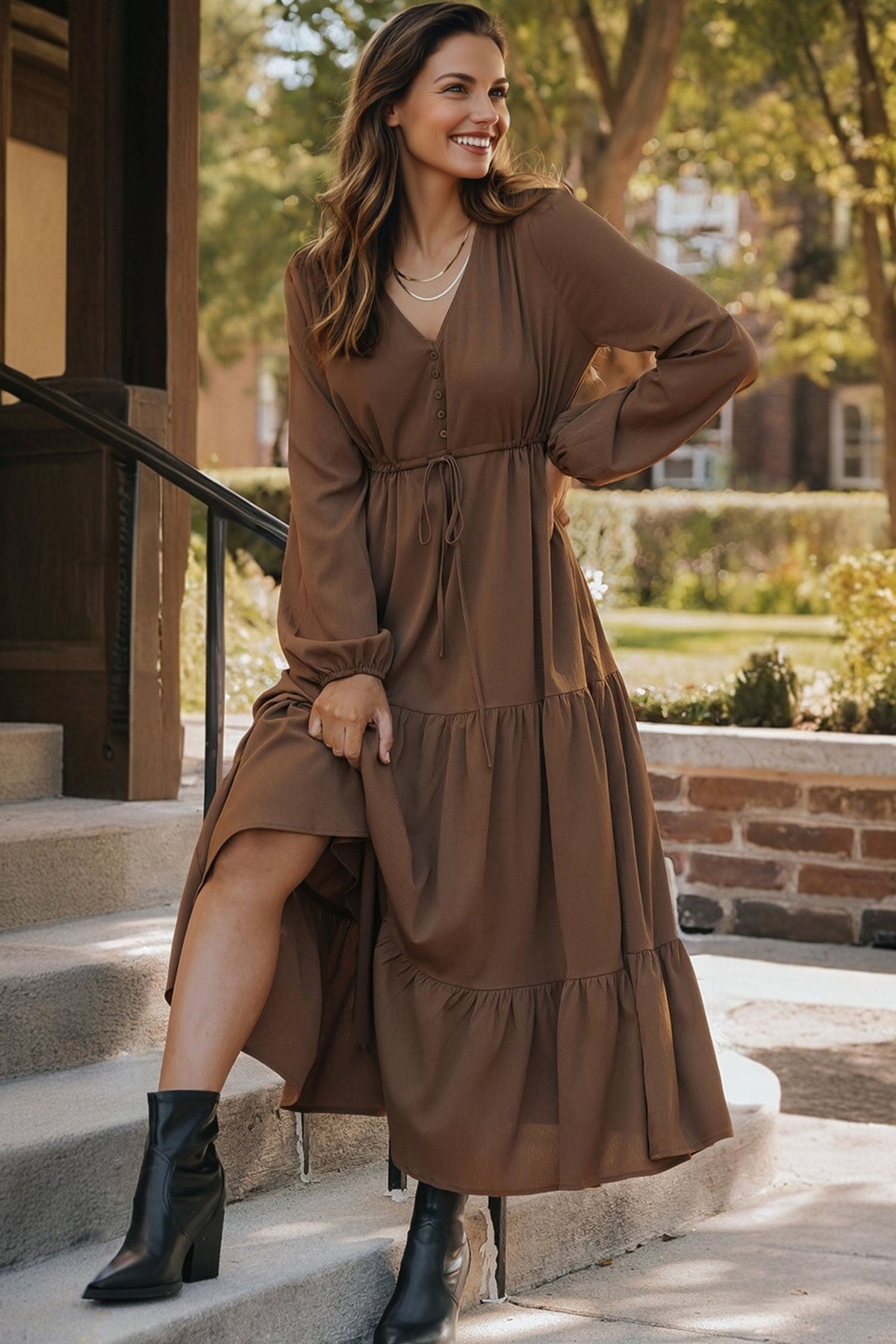 Solid Buttoned V-Neck Long Sleeve Tiered Maxi Dress