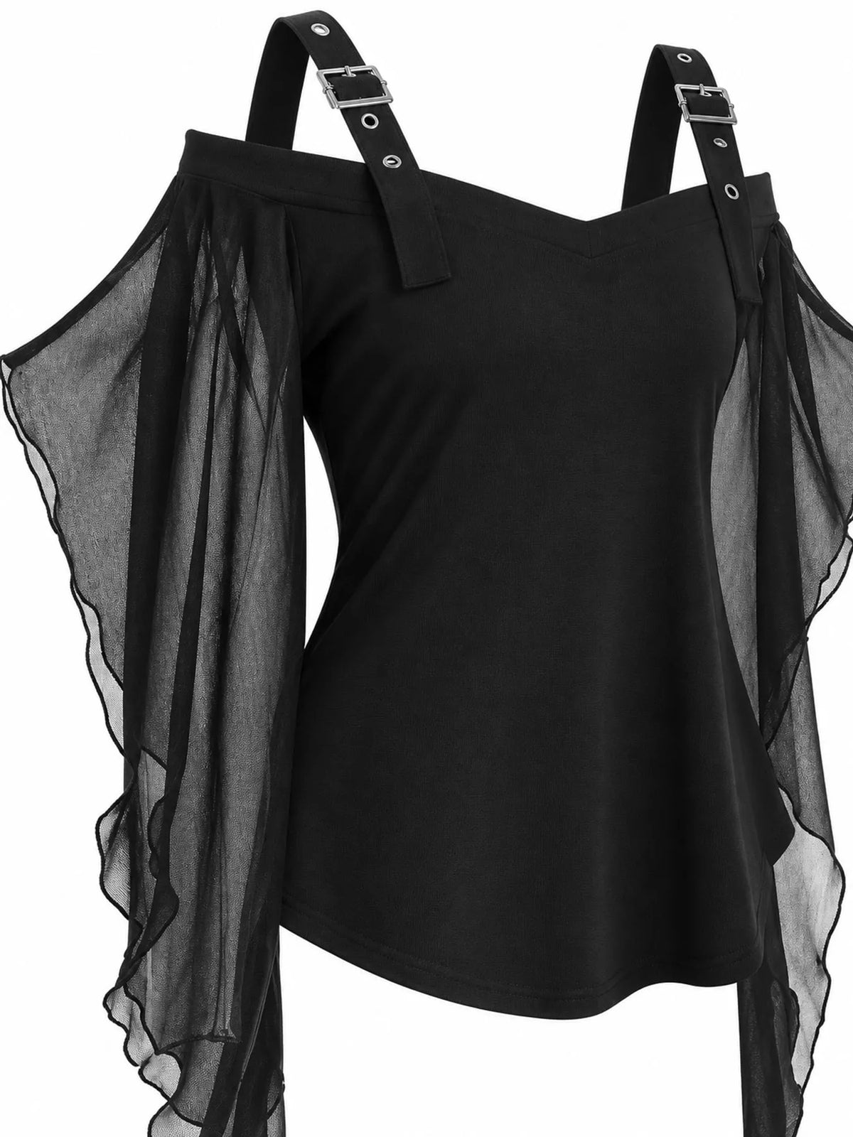 Halloween Gothic Buckle Strap Mesh Sleeve Top