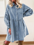 Button-Up Denim Shirt Dress with Smocked Cuffs