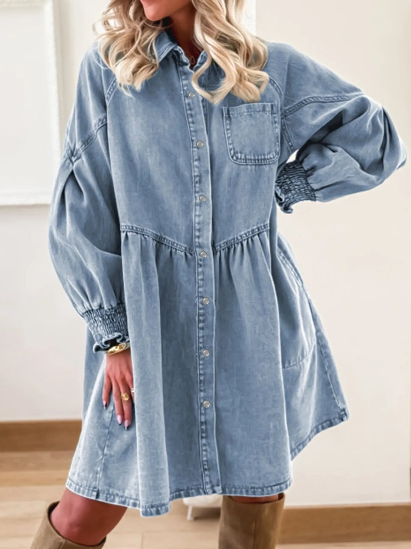 Button-Up Denim Shirt Dress with Smocked Cuffs