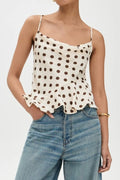 Crisscross Back Ruffled Hem Polka Dot Cami