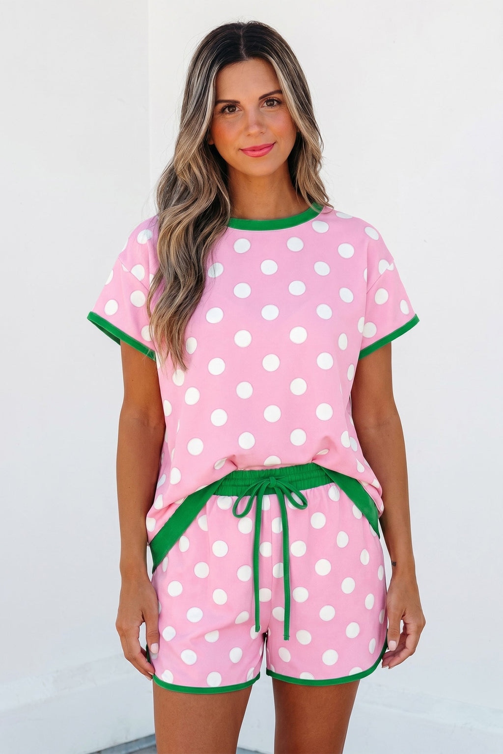 Pink Polka Dot Contrast Edge Casual Short Set