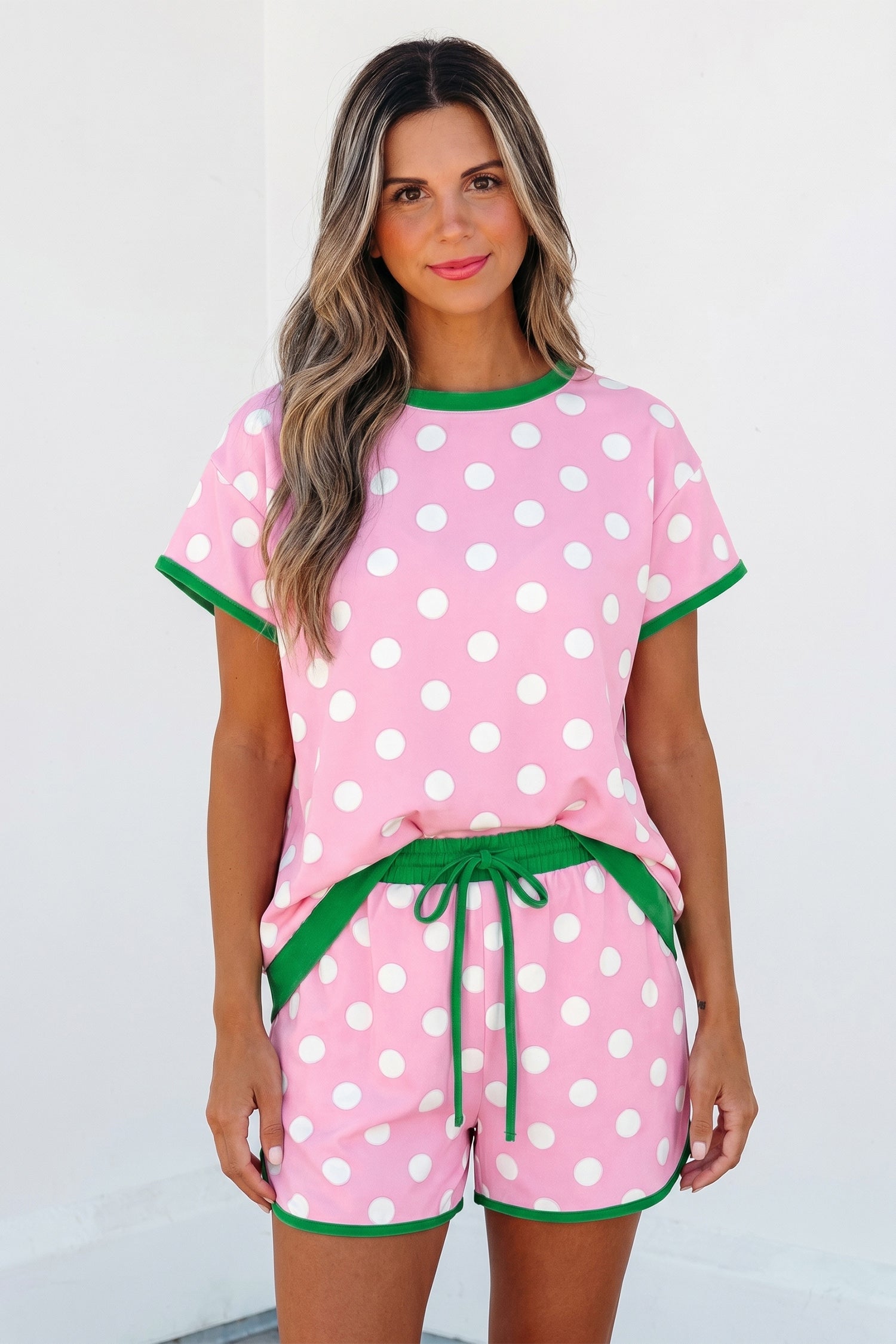 Pink Polka Dot Contrast Edge Casual Short Set