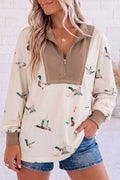Quarter-Zip Duck Print Casual Sweatshirt